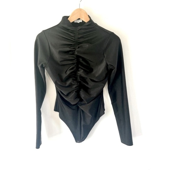 Good American Disco Ruched Funnel Long Sleeve Black Thong Bodysuit Size Large - Picture 2 of 7
